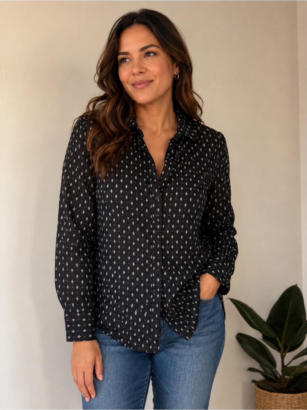 Garnet Hill 100% Organic Cotton Black Print Button-Down Shirt Women’s Size 6
